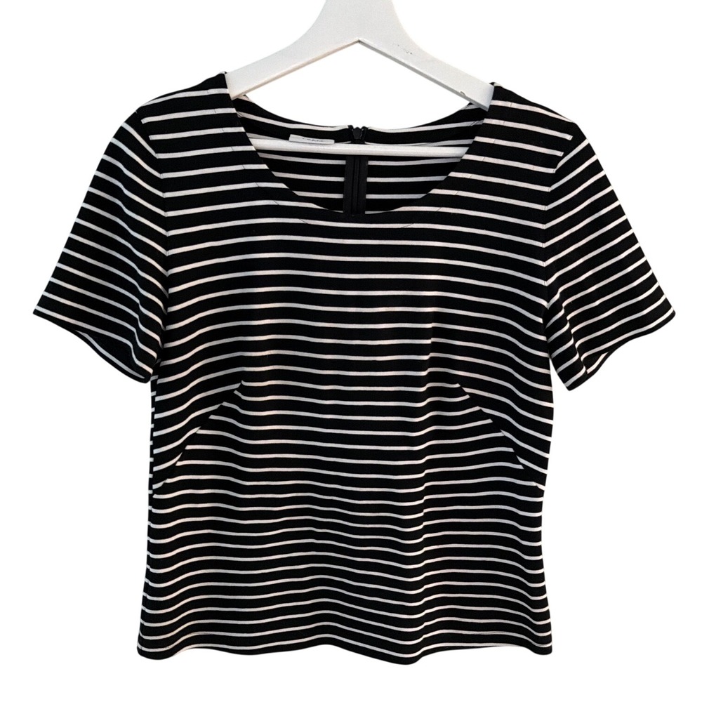 Akris Punto Womens Black White Striped Short Sleeve Back Zip Top Size US 8